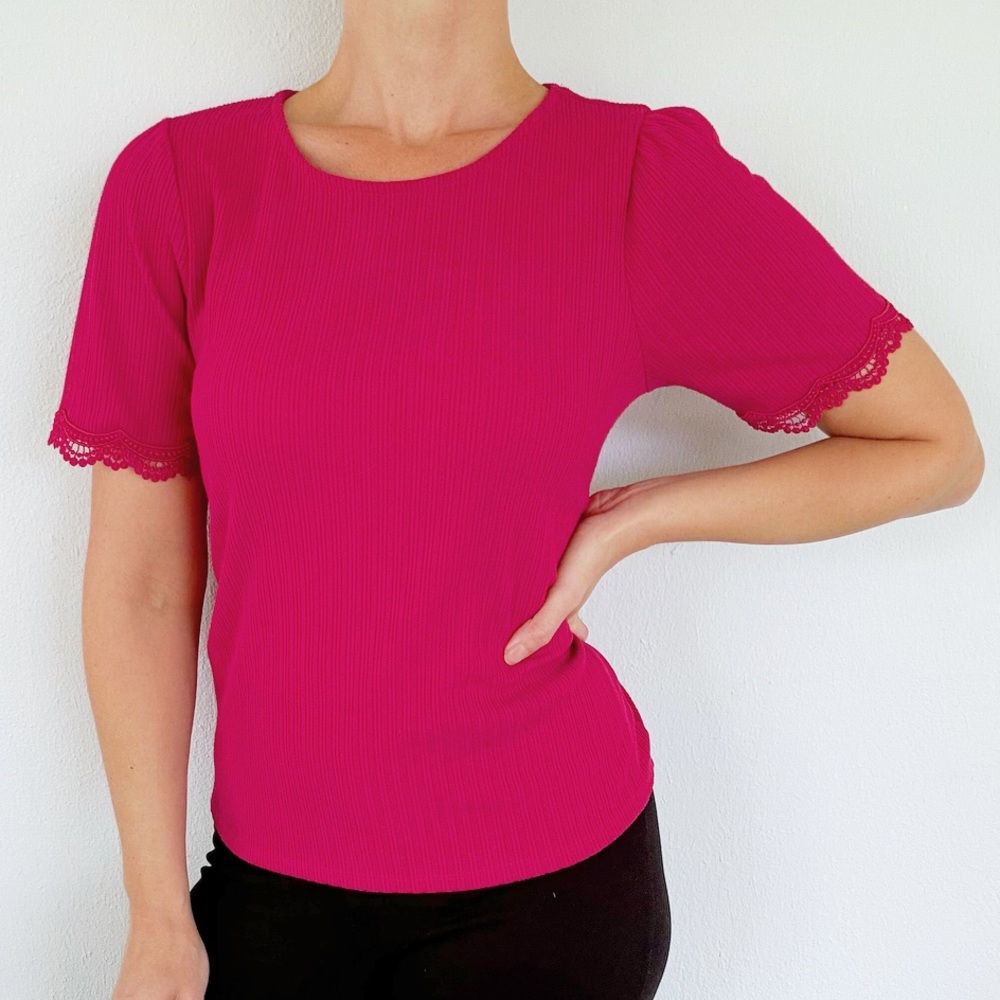 Ann Taylor LOFT pink lace trim puff sleeve ribbed knit short sleeve blouse small